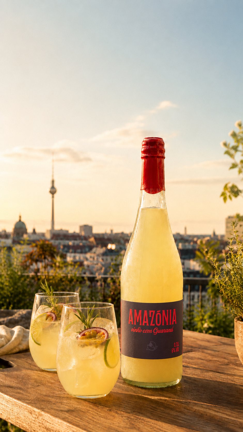 Amazonia — Vinho com Guaraná auf einer Dachterrasse bei Sonnenuntergang
